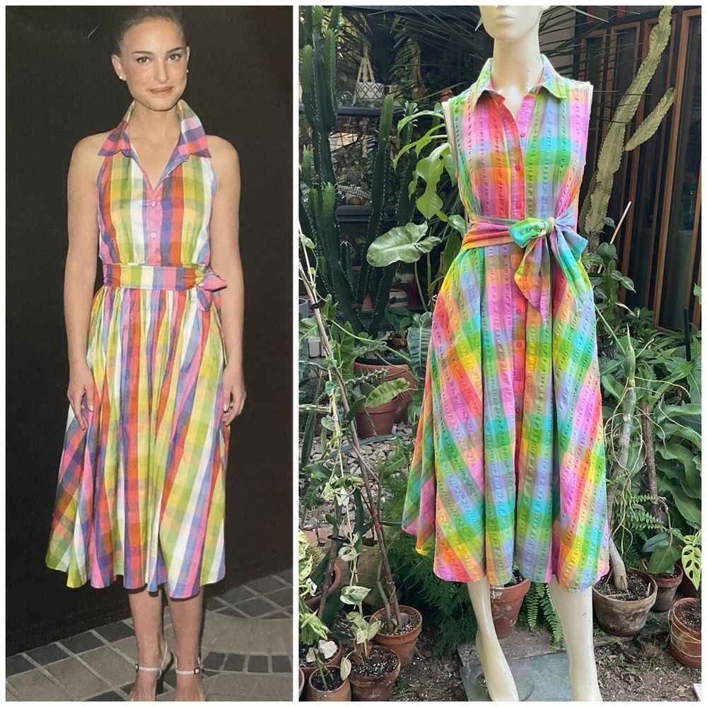 CHARTER CLUB Rainbow Plaid Sleeveless Midi Shirt Dress Fit & Flare Vintage Retro